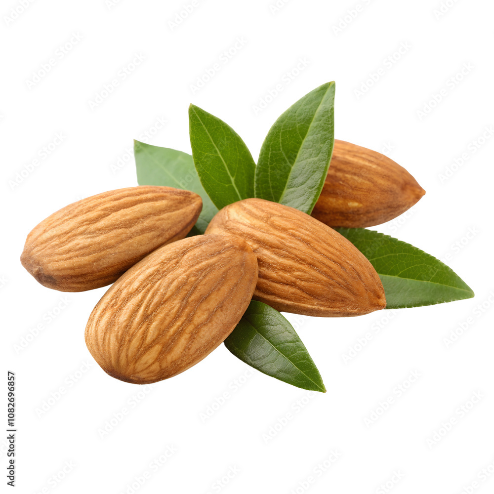Almonds with Leaves isolate on transparent background cutout, PNG file, Cutout file Almonds with Leaves isolate on transparent background cutout, PNG file, Cutout file