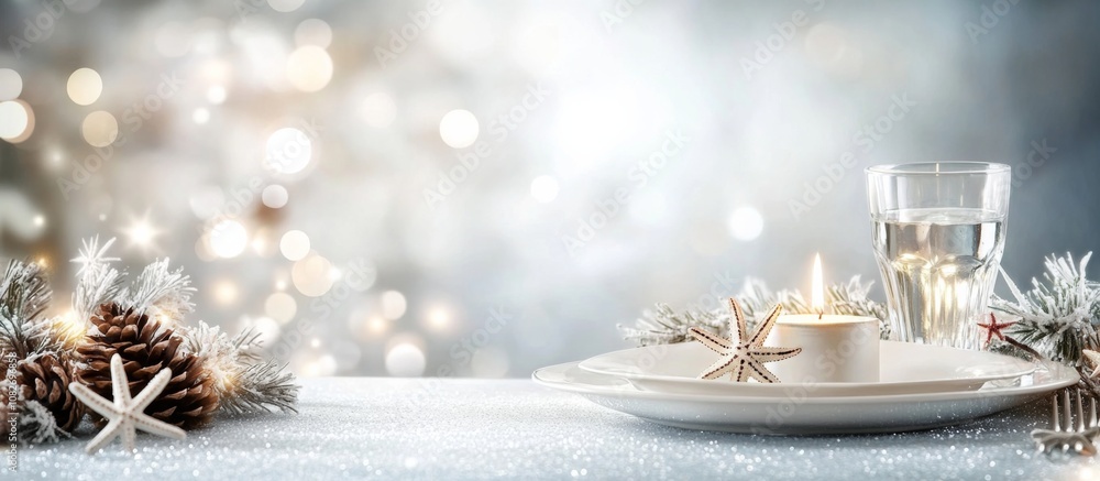Festive table setting white tablecloth blue background Classy holiday decor Festive table setting white tablecloth blue background Classy holiday decor