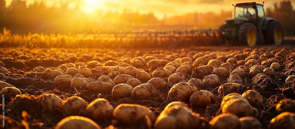 Fototapeta premium Field potatoes tractor background is covered rows farmer carries
