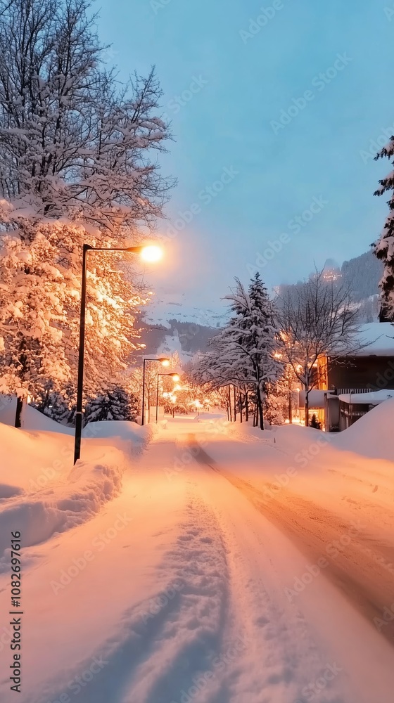 A snowy road lined with streetlights glows in the evening light
