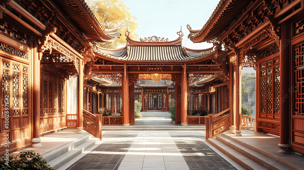 Naklejka premium Quanzhou fuwenmiao, a traditional chinese wood carving architectural complex, showcases exquisite craftsmanship. Exquisite. Illustration