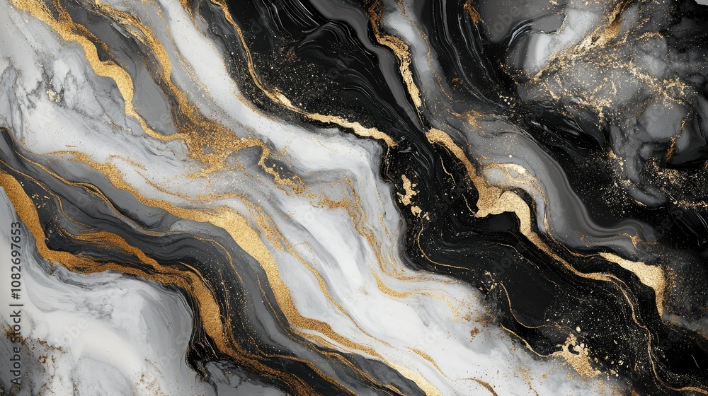 Obraz premium Elegant Black and Gold Abstract Art with Fluid Marble Textures, Curving Stripes, and Lustrous Accents for Modern Home and Office Decoration