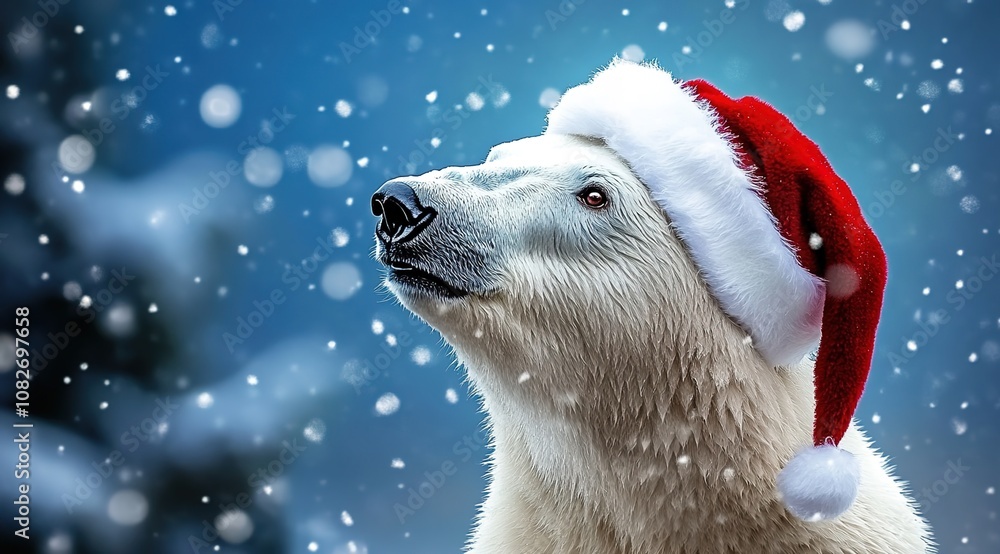 A polar bear wearing a Santa hat, with snow falling in the background and a blue sky A polar bear wearing a Santa hat, with snow falling in the background and a blue sky