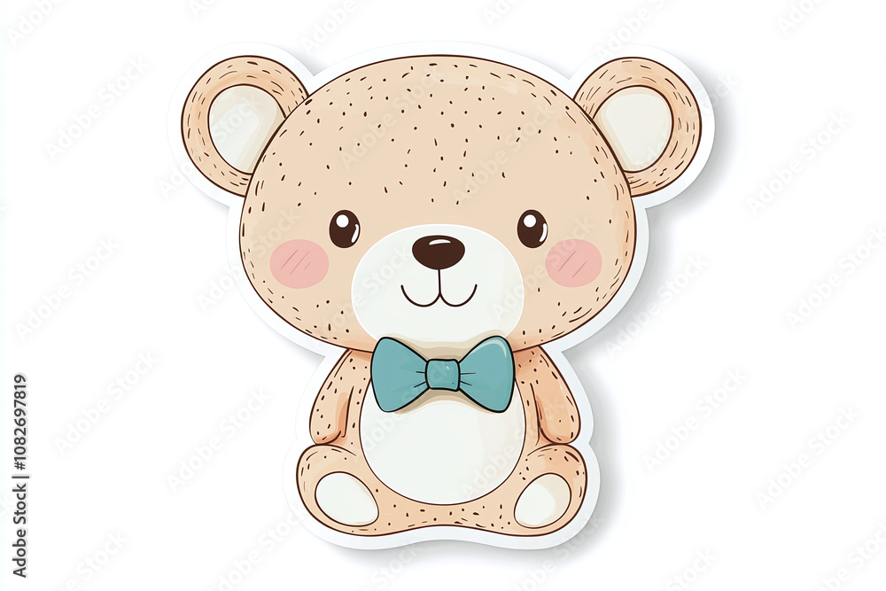 Obraz premium Flat cutout vector sticker of kawaii bear cub with bow tie and blush cheeks, isolated on white background.