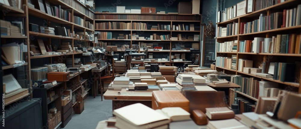 Obraz premium A cozy bookstore is filled with shelves of diverse books, creating an inviting atmosphere for readers to explore countless literary adventures.