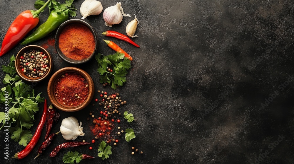 Flat lay various spices herbs arranged dark textured Asian food background Flat lay various spices herbs arranged dark textured Asian food background