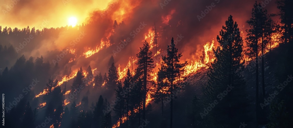 Forest fire burning mountains sky is filled thick Aerial view Forest fire burning mountains sky is filled thick Aerial view