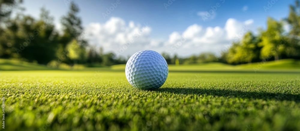 Golf ball well-manicured green lawn is center image A sits Golf ball well-manicured green lawn is center image A sits
