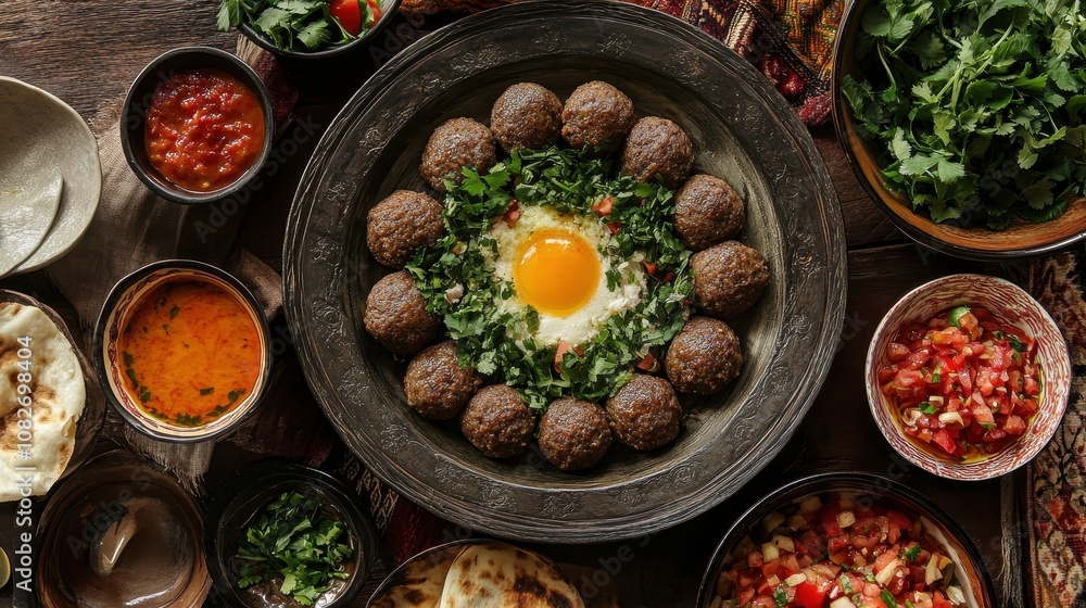 Kibbeh features tasty meatballs with greens and an egg on a wooden table Kibbeh features tasty meatballs with greens and an egg on a wooden table