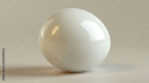 A single, white egg with a glossy finish, sitting on a light grey background.