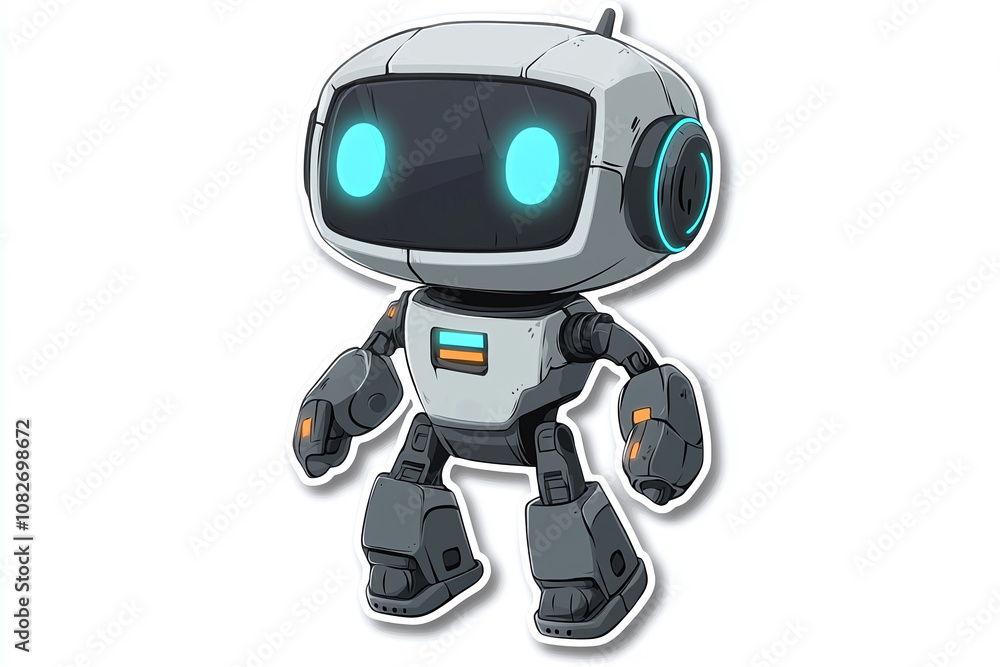 Flat cutout vector sticker of futuristic robot with glowing eyes isolated on white background. Flat cutout vector sticker of futuristic robot with glowing eyes isolated on white background.