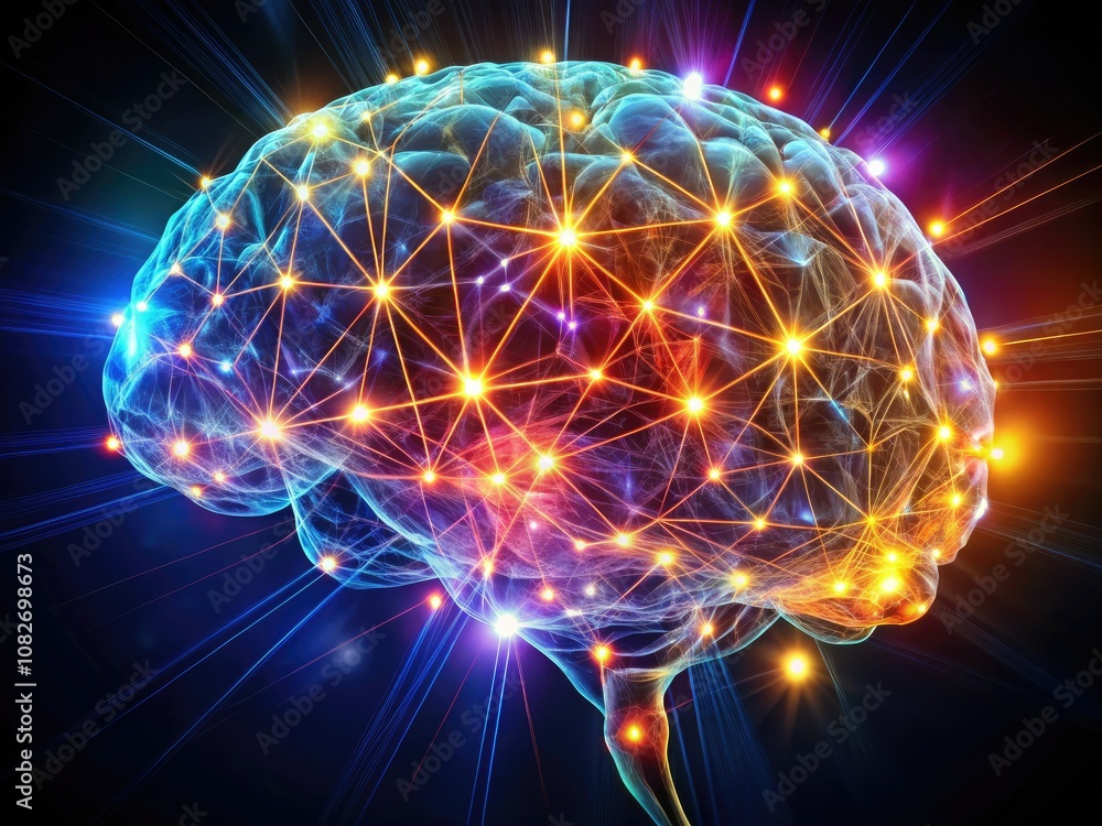 3D Illustration of a Human Brain with Neural Connections, Glowing and Sparking, Depicting Cognitive Function and Complex Brain Networks in Silhouette Photography 3D Illustration of a Human Brain with Neural Connections, Glowing and Sparking, Depicting Cognitive Function and Complex Brain Networks in Silhouette Photography