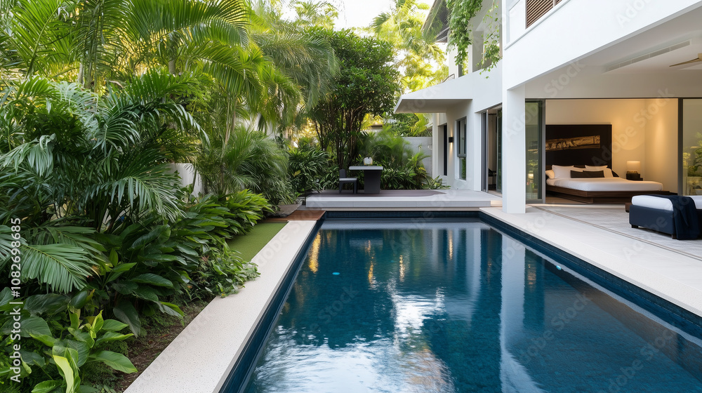 Fototapeta premium Luxurious Tropical Villa with Poolside Garden and Bedroom Access