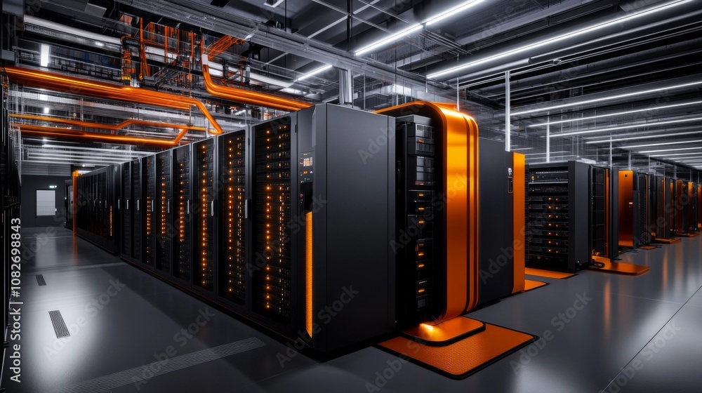 Large data center row servers are black Image of a battery Large data center row servers are black Image of a battery
