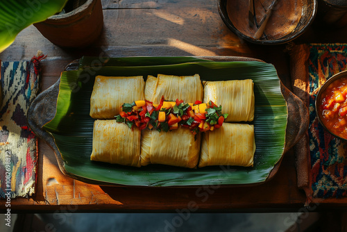 Tamales rectangulares de maíz amarillo envueltos en hojas de plátano, representando el legado y el amor por la tradición photo