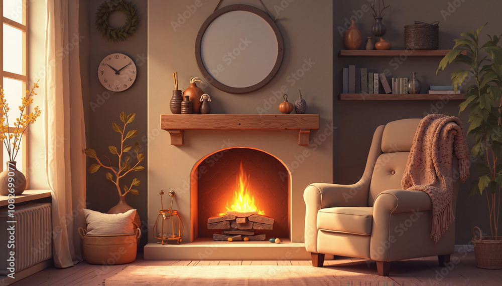 Cozy living room with fireplace and armchair at sunset. Cozy living room with fireplace and armchair at sunset.