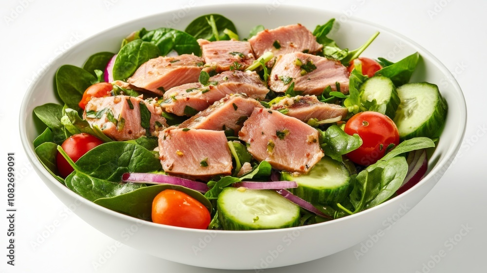 Large white bowl filled salad made up Falling tuna isolated Large white bowl filled salad made up Falling tuna isolated