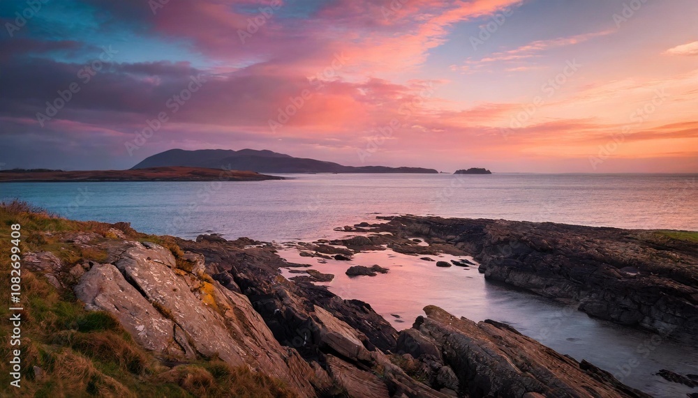 Sunset Over a Remote Rocky Shoreline, Captured Against the Background of Distant Islands and a Pink-Hued Sky for a Stunning Coastal Nature Landscape Scene Sunset Over a Remote Rocky Shoreline, Captured Against the Background of Distant Islands and a Pink-Hued Sky for a Stunning Coastal Nature Landscape Scene