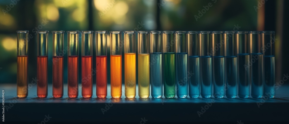 Evening light casts shadows on test tubes filled with color gradients, evoking a sense of curiosity and the tranquil beauty of scientific exploration. Evening light casts shadows on test tubes filled with color gradients, evoking a sense of curiosity and the tranquil beauty of scientific exploration.