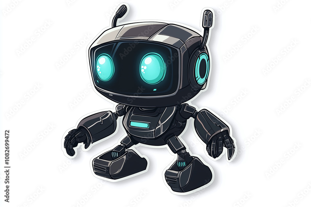 Flat cutout vector sticker of futuristic robot with glowing eyes isolated on white background. Flat cutout vector sticker of futuristic robot with glowing eyes isolated on white background.