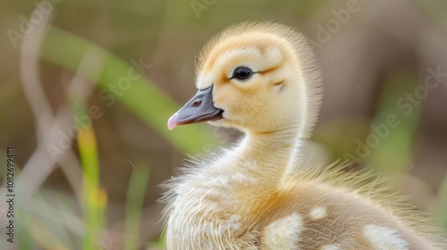 A close-up portrait of a fluffy, yellow duckling with black eyes and a pink beak, against a blurred green background.