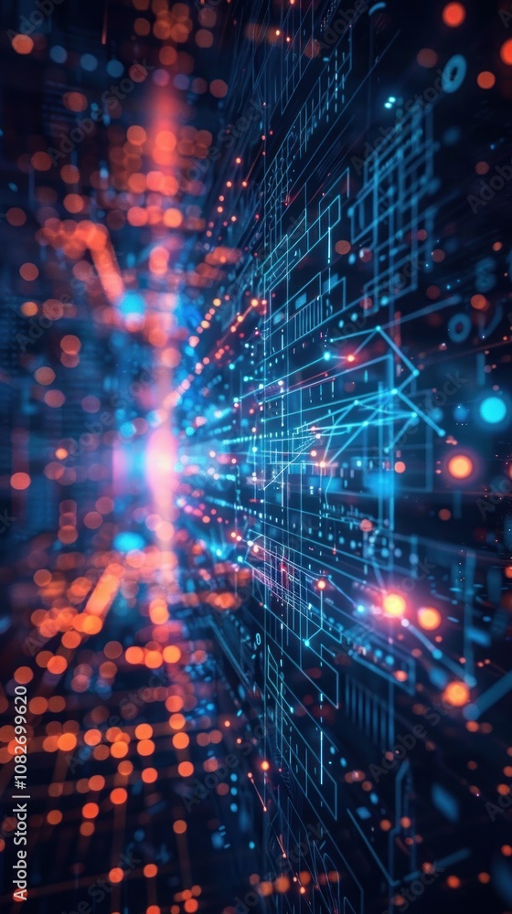 Abstract digital background with glowing lines and data streams, representing the concept of technology and data flow. Abstract digital background with glowing lines and data streams, representing the concept of technology and data flow.
