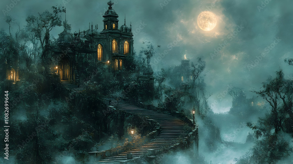 Illustration - Gothic Castle Under Moonlight Night Fantasy Illustration - Gothic Castle Under Moonlight Night Fantasy