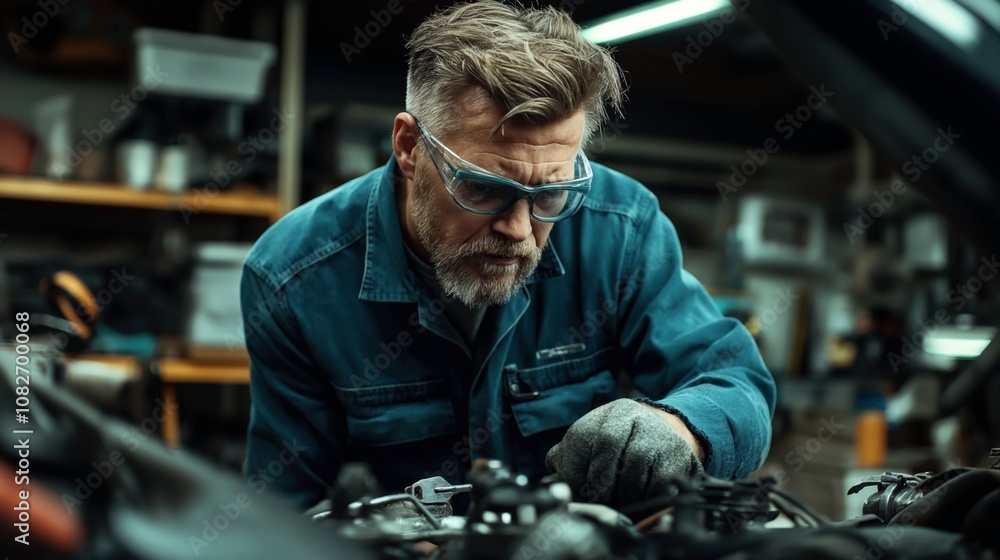 Middle-aged male mechanic examining engine of vehicle in a workshop setting, wearing safety goggles and gloves, focused and working diligently. Middle-aged male mechanic examining engine of vehicle in a workshop setting, wearing safety goggles and gloves, focused and working diligently.