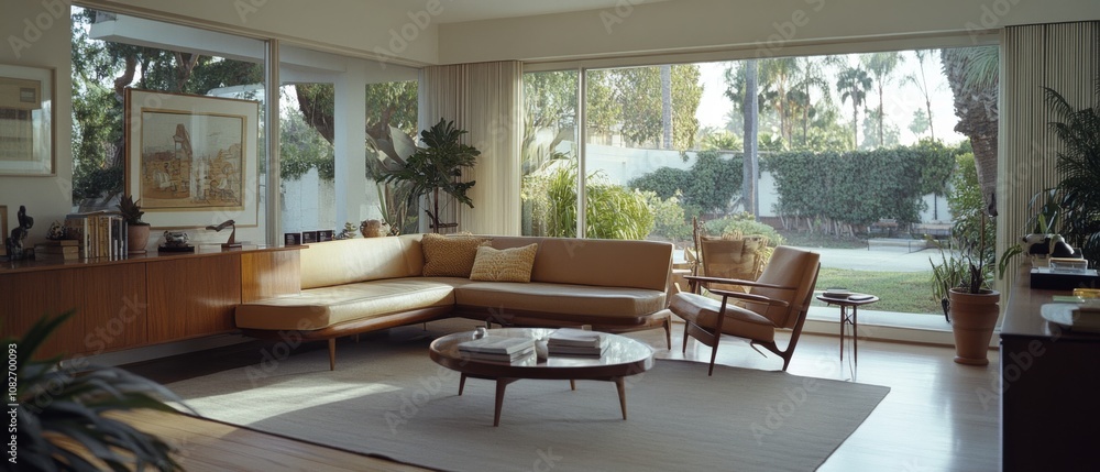 A mid-century modern living room, bathed in natural light, showcases elegant furniture and lush greenery, creating a harmonious indoor-outdoor ambiance. A mid-century modern living room, bathed in natural light, showcases elegant furniture and lush greenery, creating a harmonious indoor-outdoor ambiance.