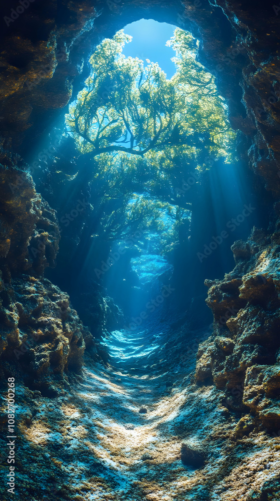 Fototapeta premium Illustration Underwater Cave Sunlight Beams Trees Water Rocks