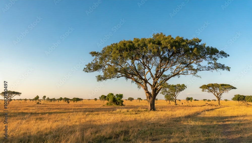 Vast Open Savannah Stretching to the Horizon, With Towering Acacia Trees Dotted Across the Landscape, Beneath a Clear Blue Sky and Gently Grazing Herds in the Distance Vast Open Savannah Stretching to the Horizon, With Towering Acacia Trees Dotted Across the Landscape, Beneath a Clear Blue Sky and Gently Grazing Herds in the Distance