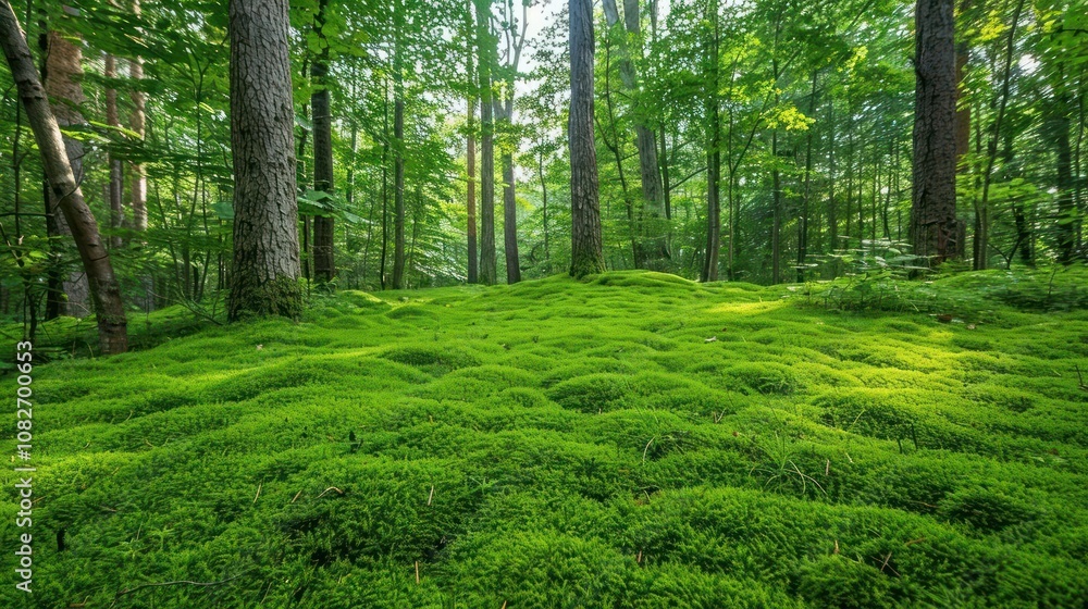 Lush green moss carpet in a dense forest with tall trees and dappled sunlight. Lush green moss carpet in a dense forest with tall trees and dappled sunlight.