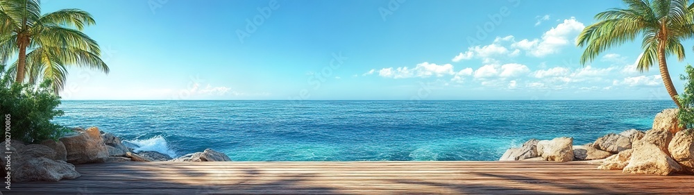 Wooden floor, blue sea and sky background Wooden floor, blue sea and sky background
