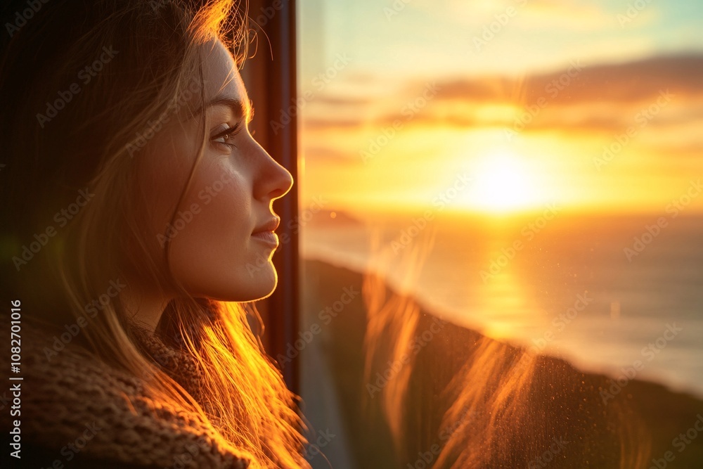 Woman with hopeful eyes, observing sunrise over an ocean horizon through a bus window, calm demeanor, golden light filling the scene, close-up 1 Woman with hopeful eyes, observing sunrise over an ocean horizon through a bus window, calm demeanor, golden light filling the scene, close-up 1