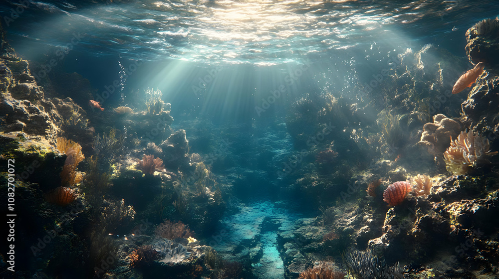 Obraz premium Illustration Underwater Coral Reef Scene Sunlight Ocean Fish