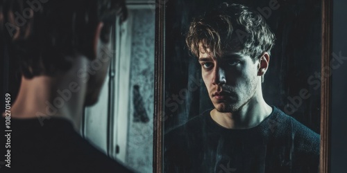 A person looking into a mirror with a distorted reflection, symbolizing an anxious self-perception