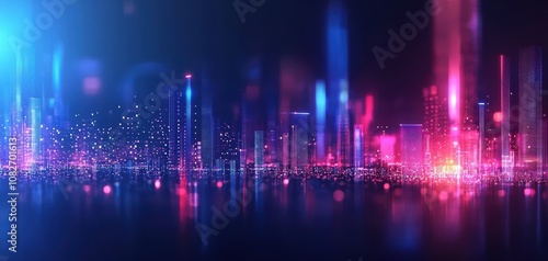 Infrastructure headquarters concept. A vibrant cityscape with glowing neon lights, showcasing a futuristic atmosphere filled with colorful digital patterns and reflections.