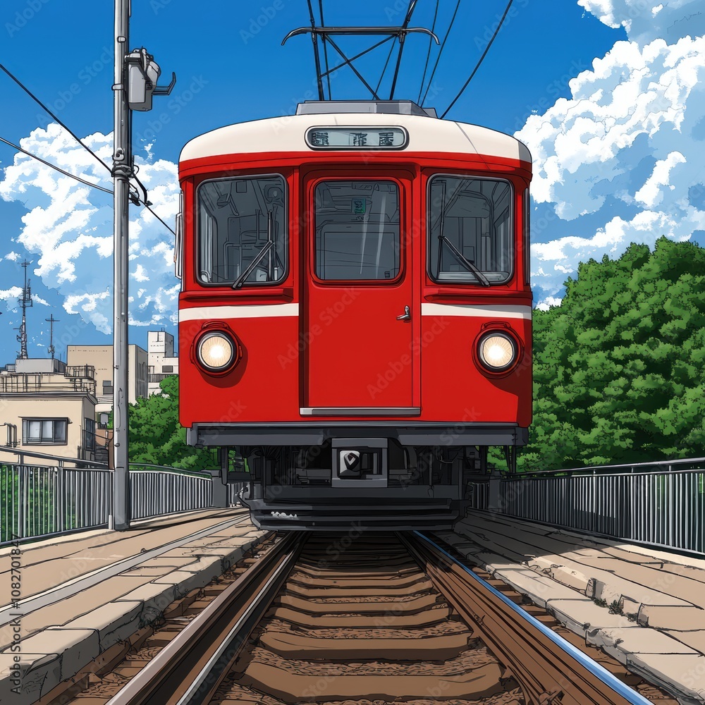 Naklejka premium Red Train on Suburban Railway Tracks Sunny Day Scene