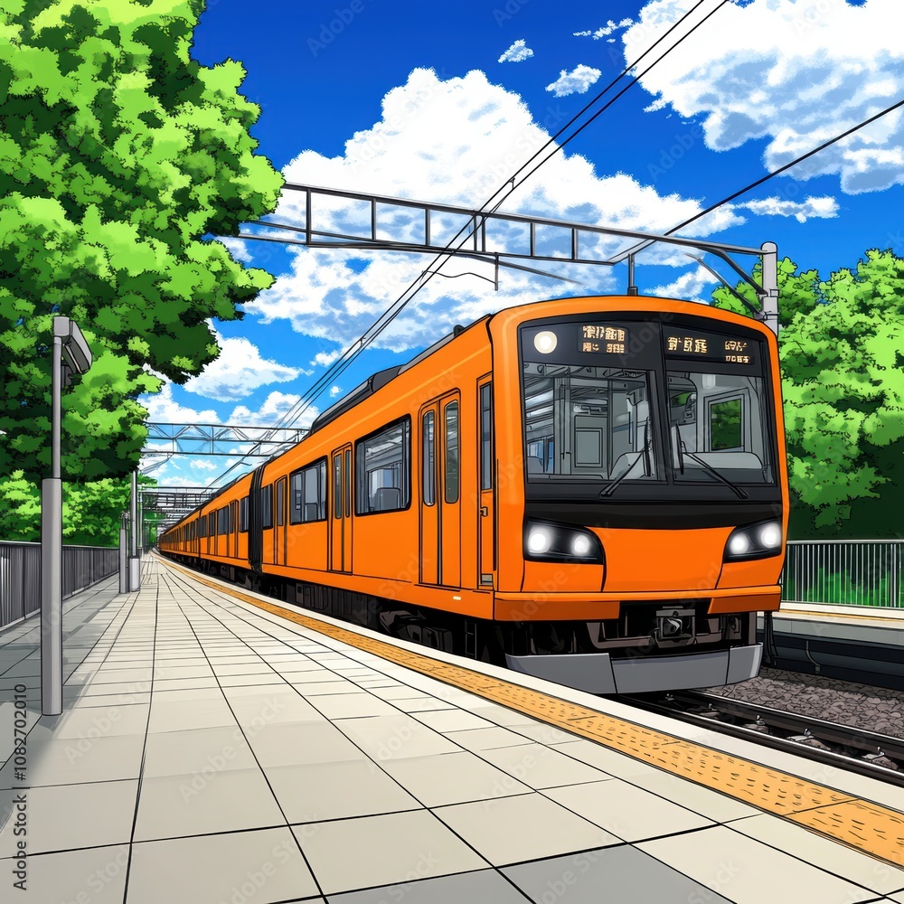 Naklejka premium Orange Train at Suburban Station Sunny Day Anime Style Illustration