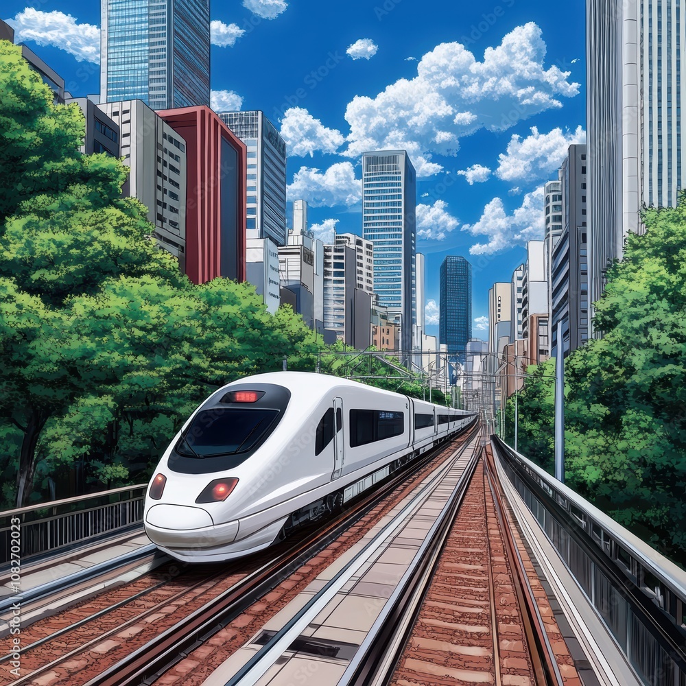 Naklejka premium High Speed Train Cityscape Modern Rail Travel Urban Transport Summer Day