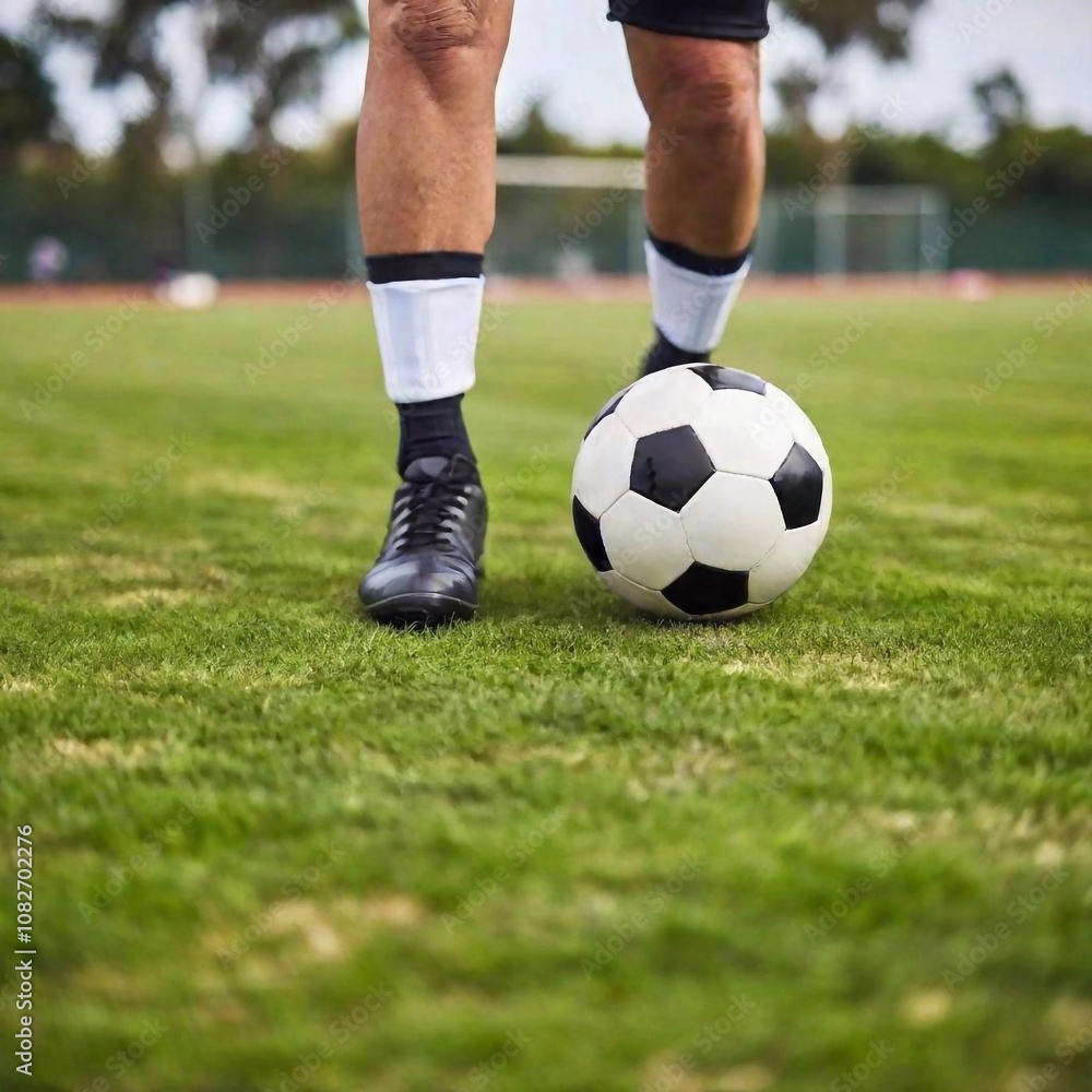 Macro of male athlete foot kicking soccer ball on football stadium. Cropped section Macro of male athlete foot kicking soccer ball on football stadium. Cropped section