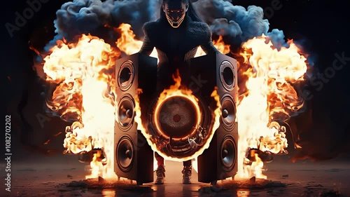 speakers surrounded by fire, burning speaker. Created with generative AI.