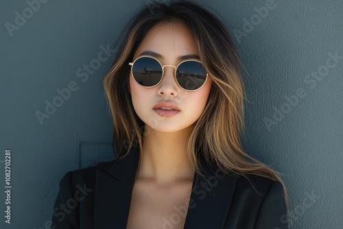 Wallpaper Mural Businesswoman wearing sunglasses leaning against wall Torontodigital.ca