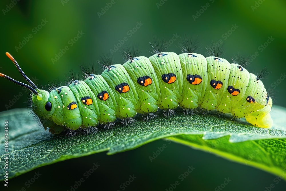 Striking green caterpillar crawling on vibrant green leaf Striking green caterpillar crawling on vibrant green leaf