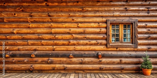 Rustic wooden log house wall with natural textures and cozy atmosphere