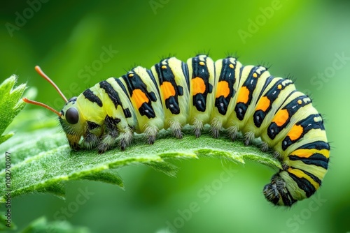 Colorful swallowtail caterpillar crawling on green leaf