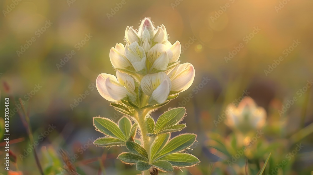 Fototapeta premium A single white flower with a blurred background of green grass and golden sunlight.