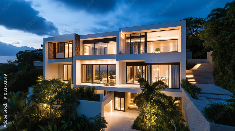 Fototapeta premium Elegant Nighttime Scene of a Luxury Home Exterior with Illuminated Windows