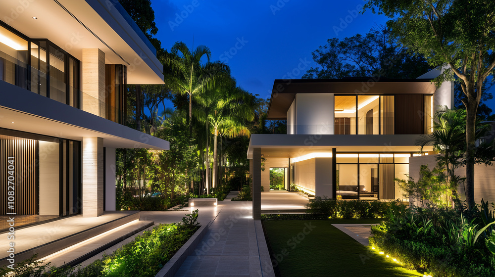 Elegant Nighttime Scene of a Luxury Home Exterior with Illuminated Windows Elegant Nighttime Scene of a Luxury Home Exterior with Illuminated Windows