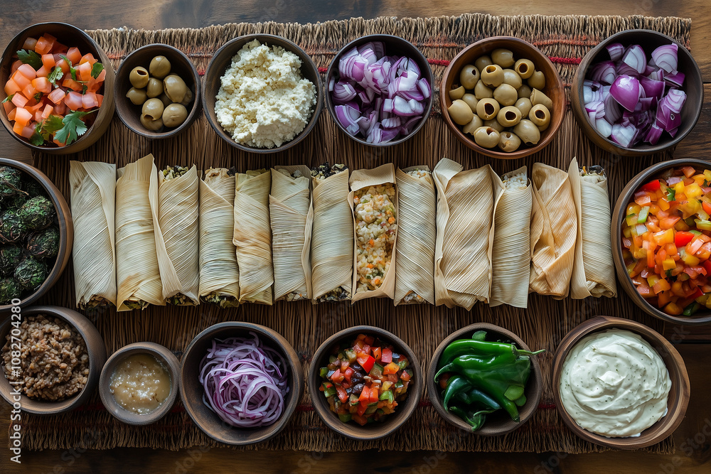 Mesa tradicional con tamales envueltos en hojas y papel, acompañados de guarniciones frescas y disposición rústica y artesanal Mesa tradicional con tamales envueltos en hojas y papel, acompañados de guarniciones frescas y disposición rústica y artesanal